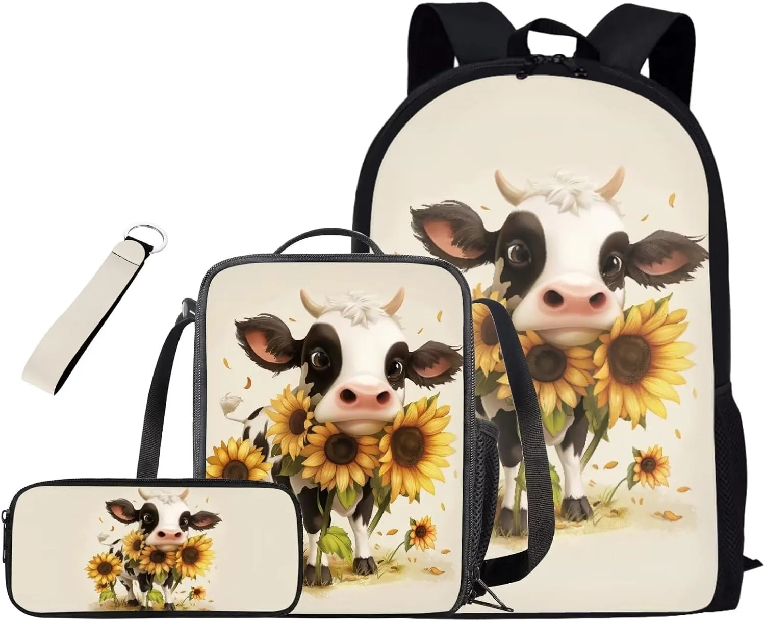 Cute Cow Print 4Pc Backpack Set for Boys Multi-Functional Crossbody School Bag for Teen Boy Portable Food Bag for Travel Work Office Climbing School 4pack