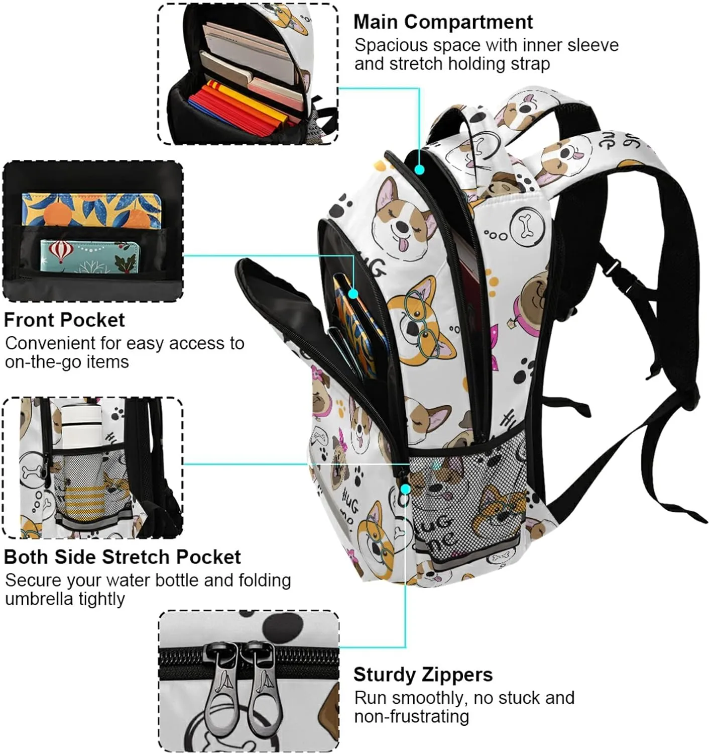 Cute Dog Face Backpacks Travel Laptop Daypack School Book Bag for Men Women Teens Kids 37