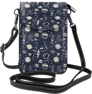 Cute Rocket Satellite Print Small Crossbody Bags for Women Leather Cell Phone Purses Mini Leather Shoulder Handbag Adjustable Strap