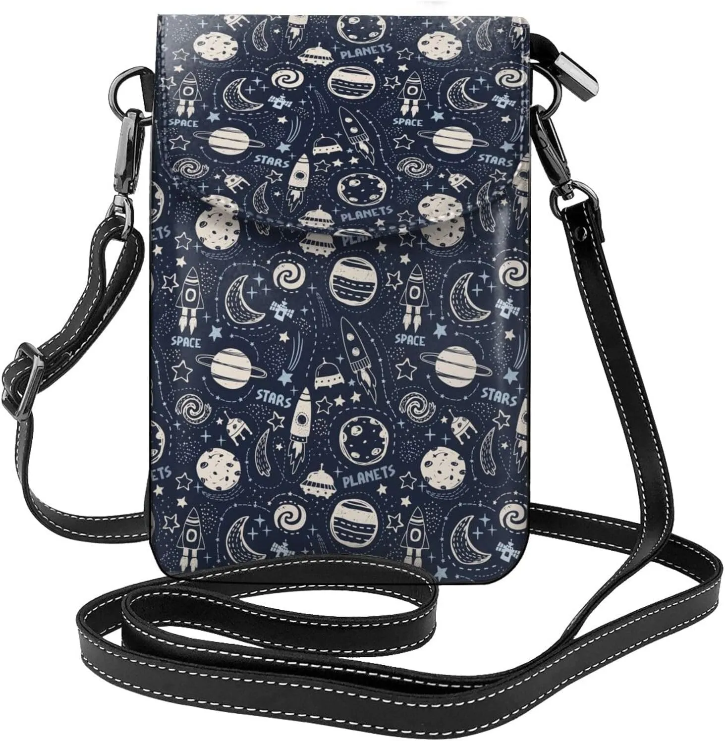 Cute Rocket Satellite Print Small Crossbody Bags for Women Leather Cell Phone Purses Mini Leather Shoulder Handbag Adjustable Strap