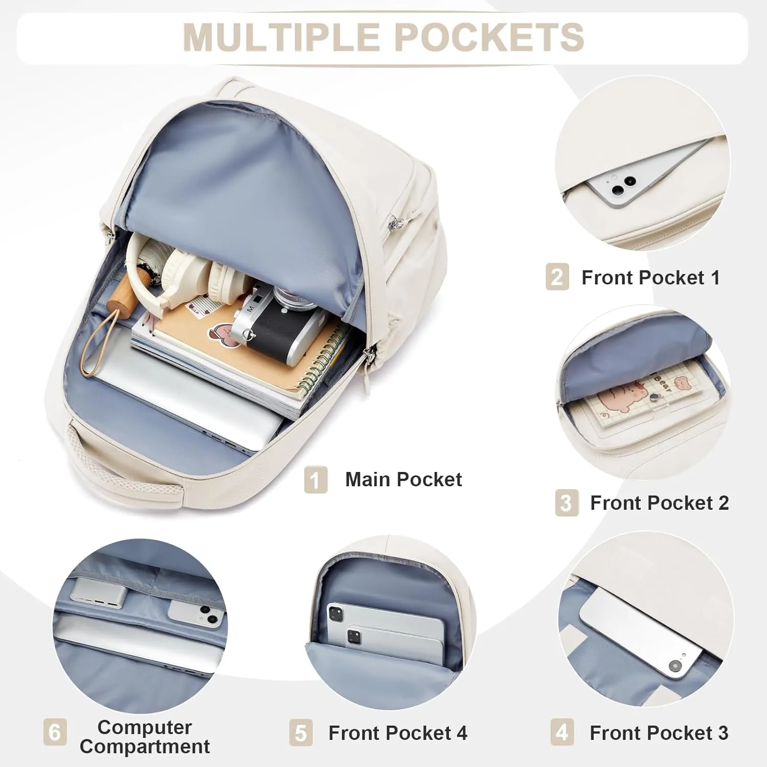 Cute School Backpack for Teens Girls Boys Waterproof School Bag Basic Backpack for College Students Multi Pocket Backpack Lightweight Casual Daypack Backpacks for Women Men（Beige）