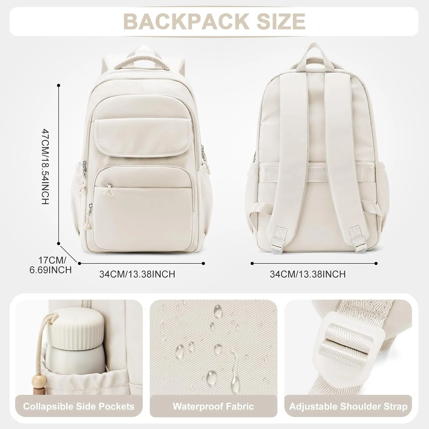 Cute School Backpack for Teens Girls Boys Waterproof School Bag Basic Backpack for College Students Multi Pocket Backpack Lightweight Casual Daypack Backpacks for Women Men（Beige）