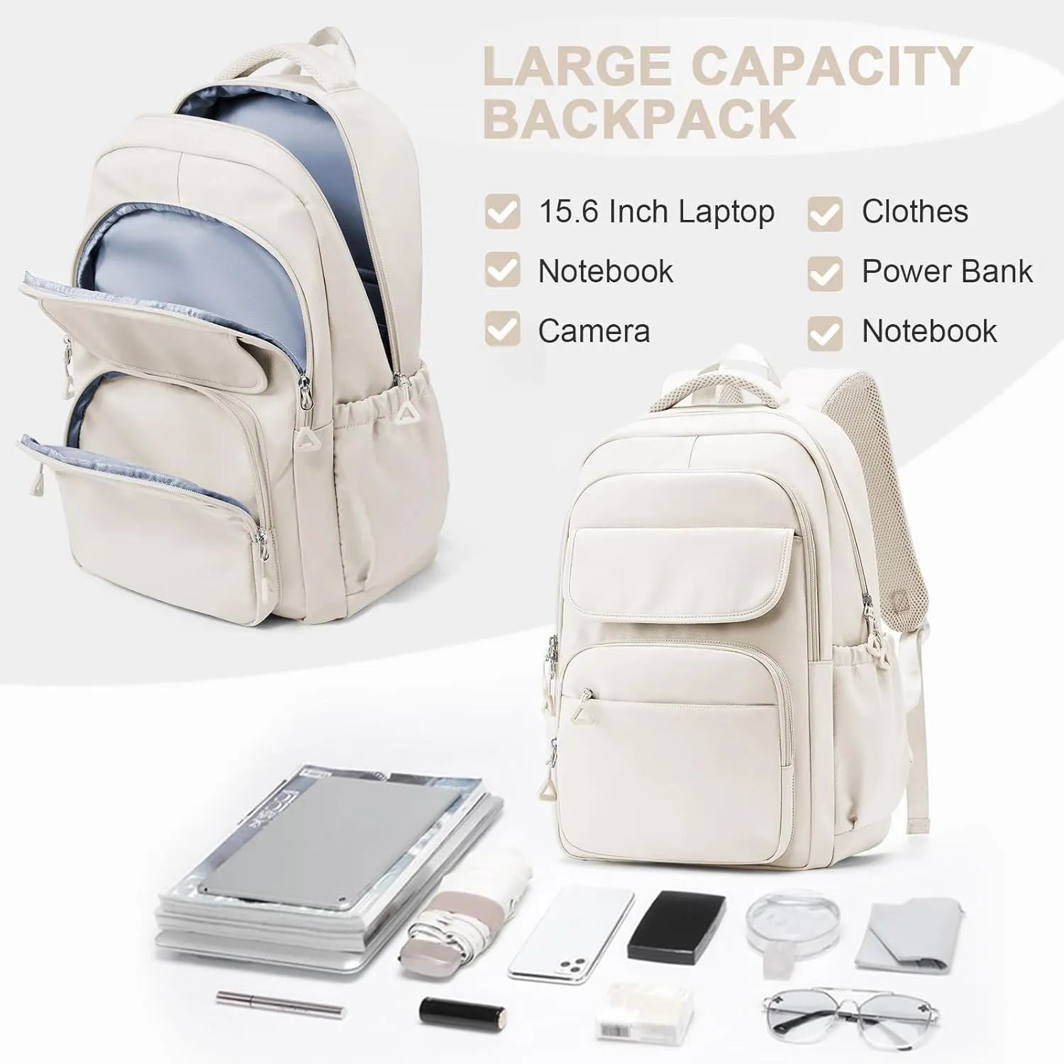 Cute School Backpack for Teens Girls Boys Waterproof School Bag Basic Backpack for College Students Multi Pocket Backpack Lightweight Casual Daypack Backpacks for Women Men（Beige）