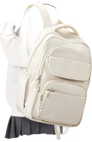 Cute School Backpack for Teens Girls Boys Waterproof School Bag Basic Backpack for College Students Multi Pocket Backpack Lightweight Casual Daypack Backpacks for Women Men（Beige）