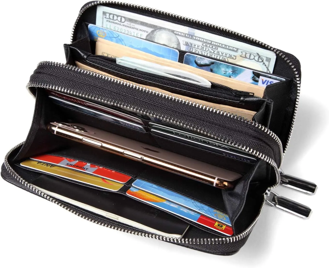 Daisy Rose Dual Zipper Phone Clutch and Wallet for Women - RFID Blocking, PU Vegan Leather Multi-Card Organizer