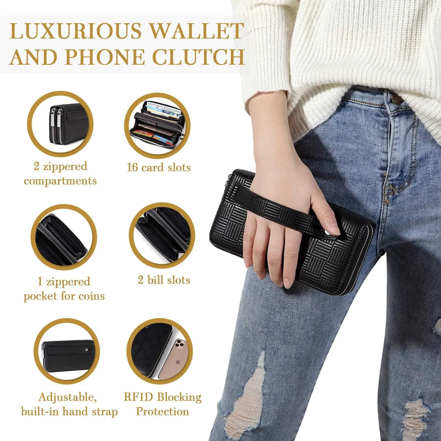 Daisy Rose Dual Zipper Phone Clutch and Wallet for Women - RFID Blocking, PU Vegan Leather Multi-Card Organizer