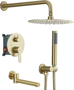 DASAN Tub Shower Faucets Sets Complete Bathtub Faucet Set Brushed Gold Bathtub Shower System with Tub Spout, Bathroom Tub and Shower Faucet Combo Trim Kit with Rough-in Valve, DA-SS03BG-R10W