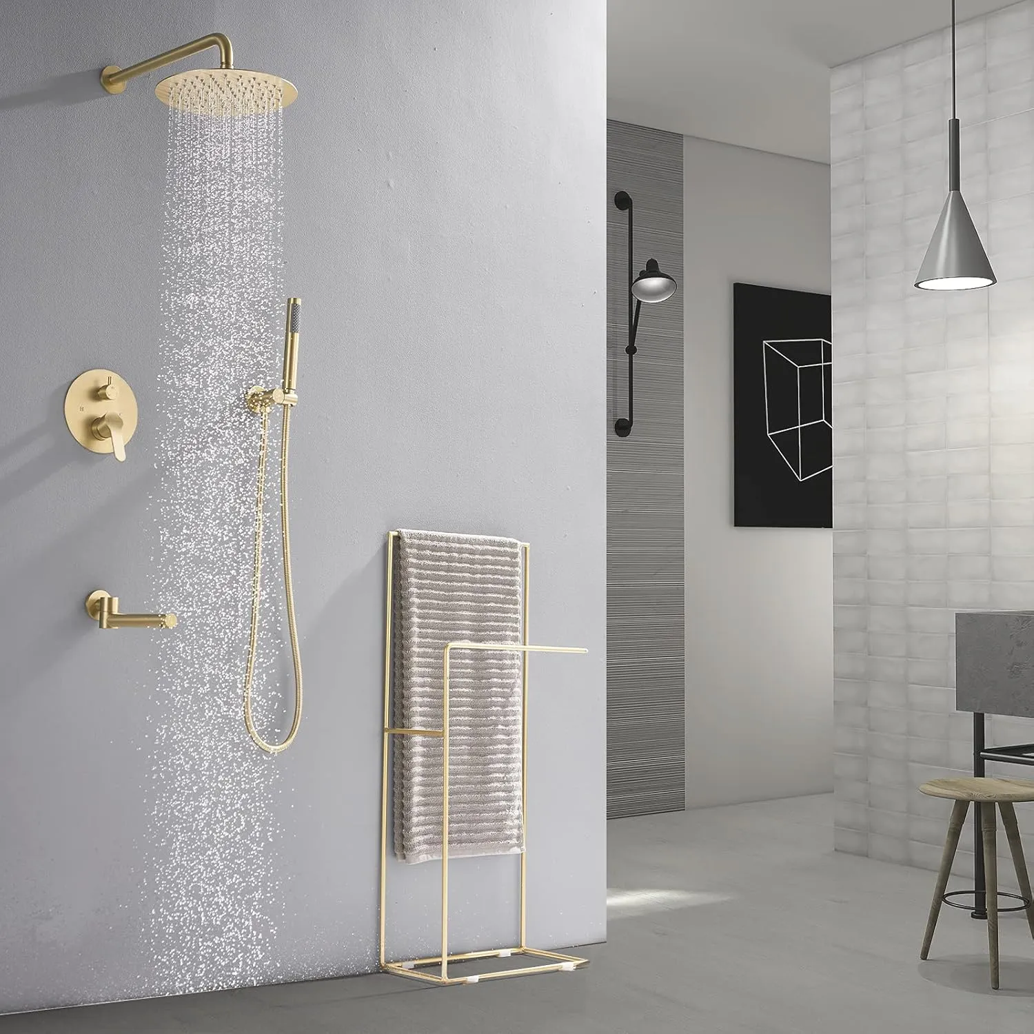 DASAN Tub Shower Faucets Sets Complete Bathtub Faucet Set Brushed Gold Bathtub Shower System with Tub Spout, Bathroom Tub and Shower Faucet Combo Trim Kit with Rough-in Valve, DA-SS03BG-R10W