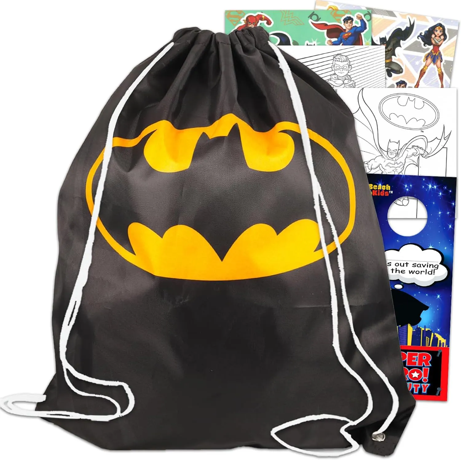 DC Comics Batman Travel Bag Bundle - 4 Pack Batman Activity Set with Batman Cinch Bag, Stickers, Activity Pages, and More for Boys | Batman Travel Set