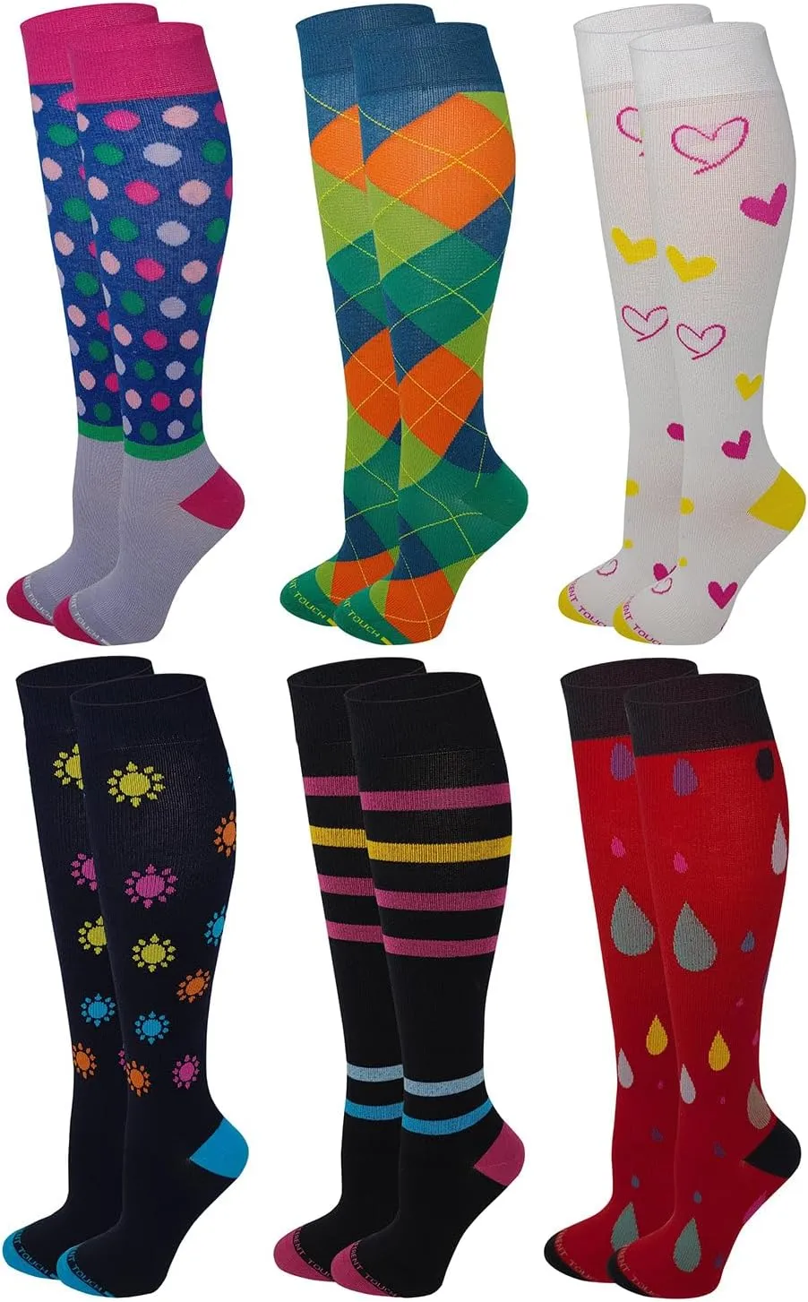 Different Touch 6 Pairs Pack Women Travelers, Anti-Fatigue, Graduated Compression Knee High Socks 9-11