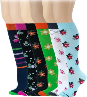 Different Touch 6 Pairs Pack Women Travelers, Anti-Fatigue, Graduated Compression Knee High Socks 9-11