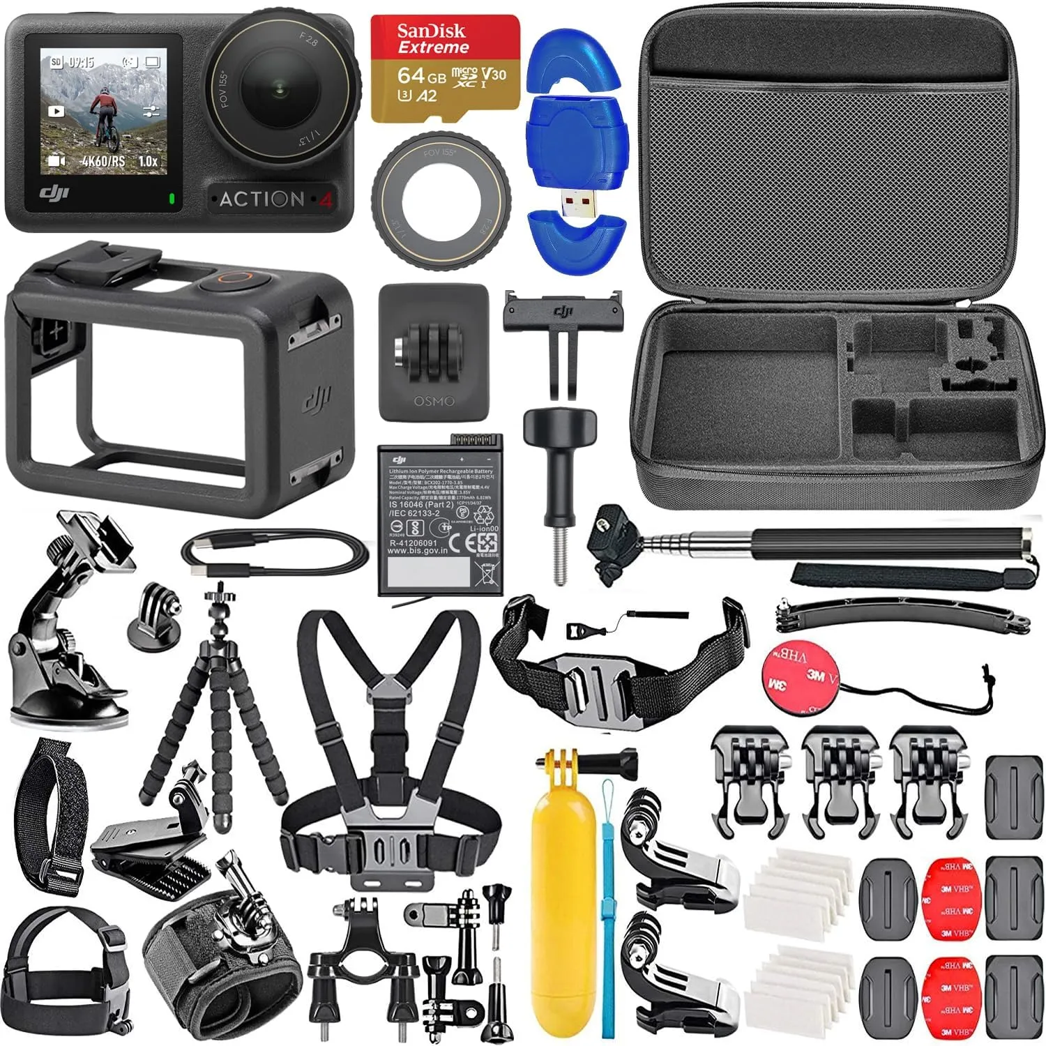 DJI Osmo Action 4 Standard Combo, Waterproof Action Camera with 4K HDR & Super-Wide FOV   64GB Memory Card, High Speed Card Reader   Osmo Action 4 Bundle (59 Items), DJIOSMOACT4SC, Black