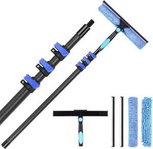 DOBEN 12-Foot Carbon Fiber Window Cleaner Tool with Telescopic Extension Pole, Rotating Scrubber & Squeegee - Durable Lightweight Design for Indoor/Outdoor Glass Cleaning