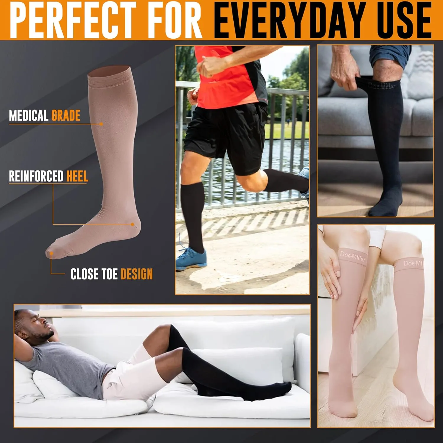 Doc Miller Compression Socks for Women and Men 20-30mmHg Compression Socks Men for Varicose Veins and Improved Circulation, Graduated Compression Socks (Skin/Nude, Large)