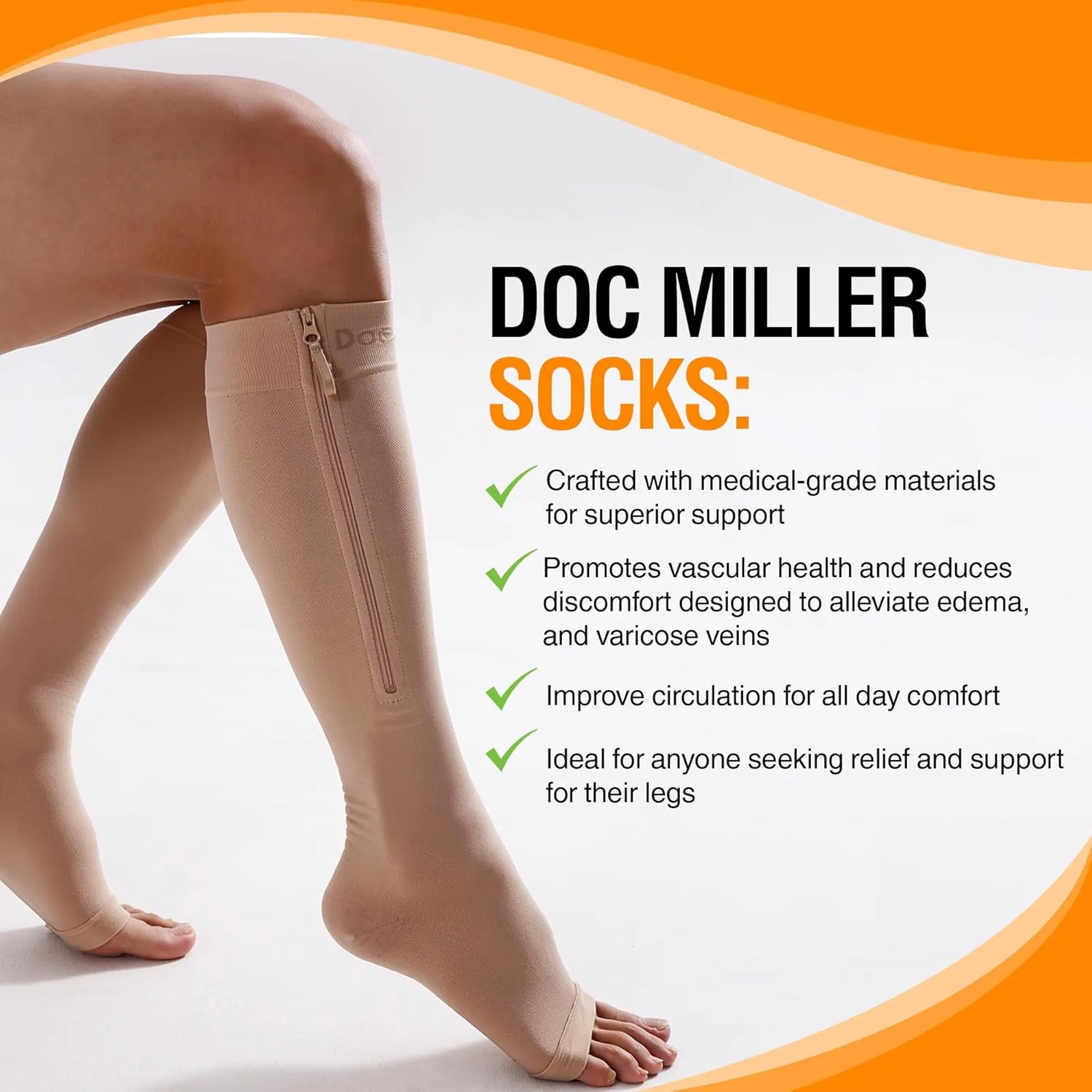 Doc Miller Medical Compression Socks with Zipper - Easy Wear, Open Toe, Knee High, 15-20mmHg, 1 Pair