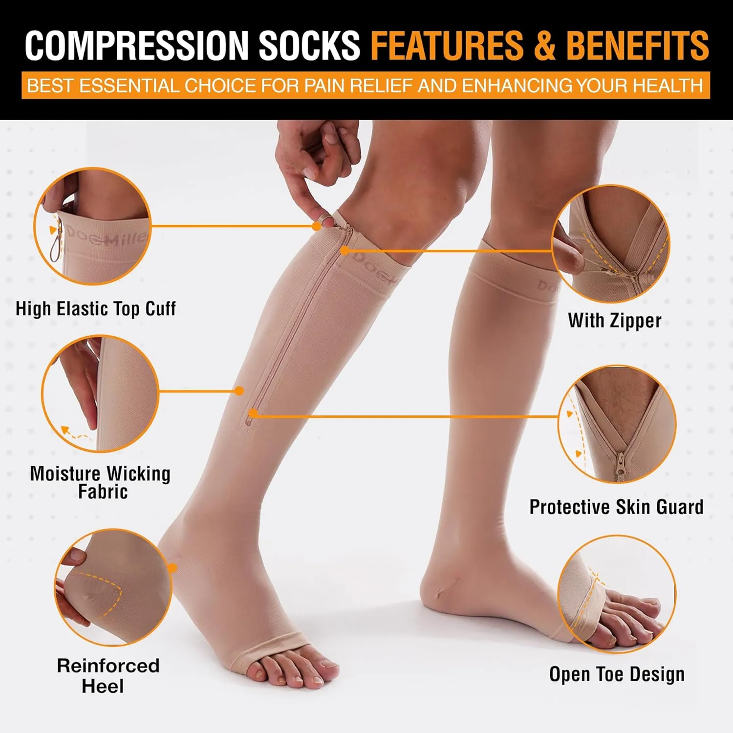 Doc Miller Medical Compression Socks with Zipper - Easy Wear, Open Toe, Knee High, 15-20mmHg, 1 Pair