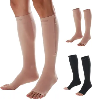 Doc Miller Medical Compression Socks with Zipper - Easy Wear, Open Toe, Knee High, 15-20mmHg, 1 Pair