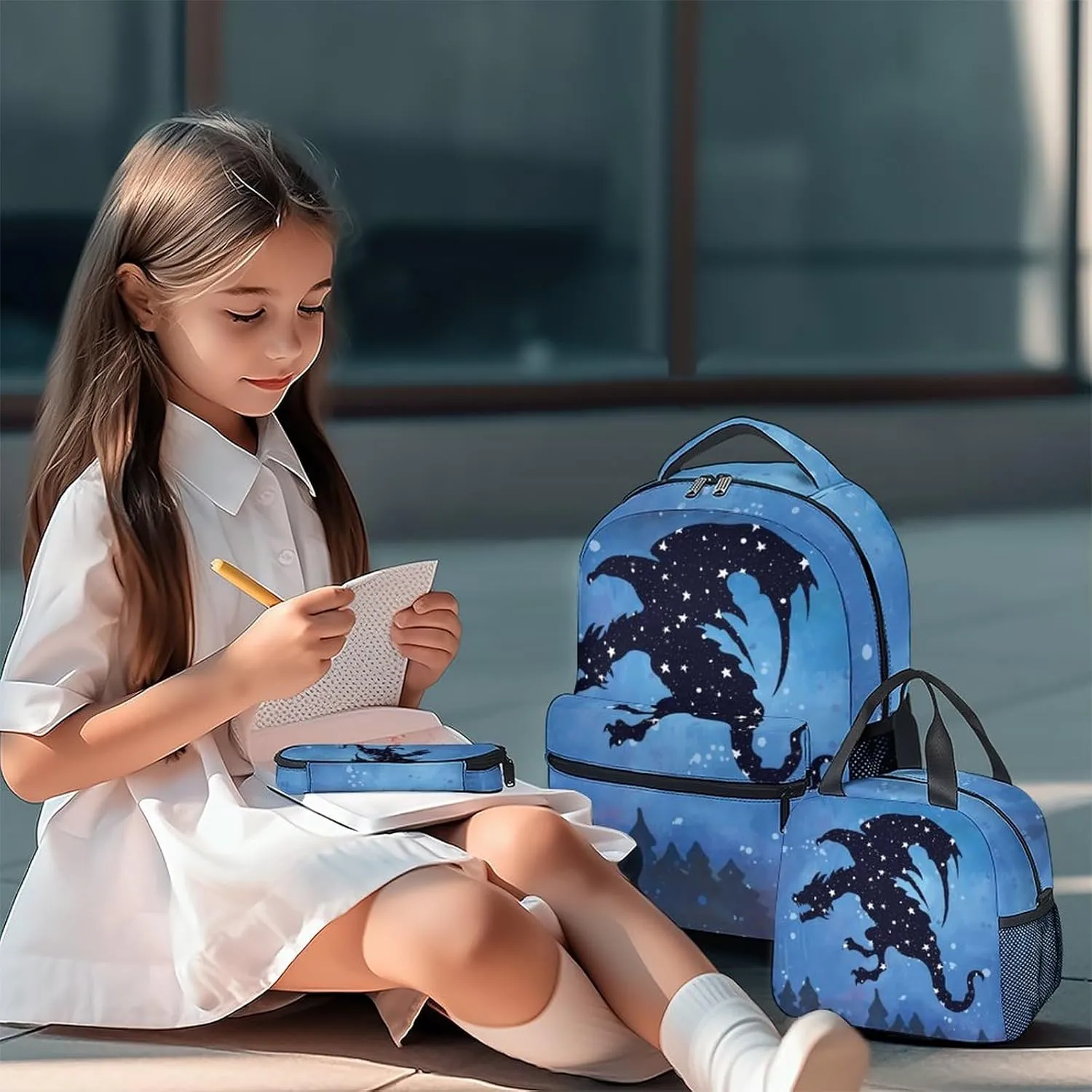 Dragon Backpack with Lunch Box, Set of 3 School Backpacks Matching Combo, Cute Bookbag And Pencil Case Bundle
