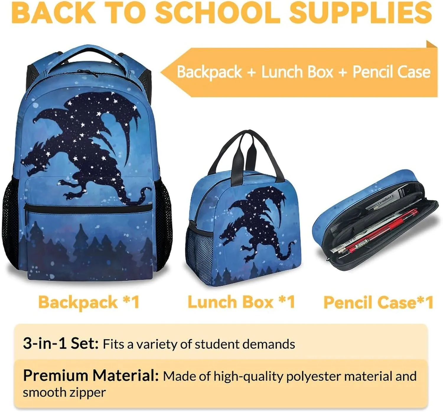 Dragon Backpack with Lunch Box, Set of 3 School Backpacks Matching Combo, Cute Bookbag And Pencil Case Bundle