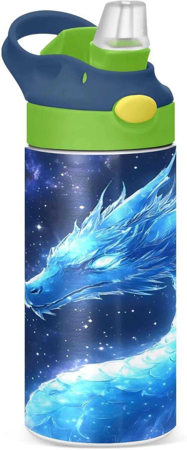 Dragon Blue Galaxy Kids Water Bottle with Straw Lid Insulated Tumbler with Handle Stainless Steel Reusable Toddlers Cup for Kids Boys 12 oz