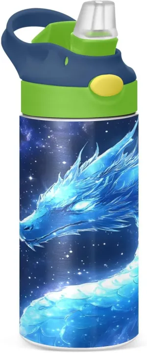 Dragon Blue Galaxy Kids Water Bottle with Straw Lid Insulated Tumbler with Handle Stainless Steel Reusable Toddlers Cup for Kids Boys 12 oz