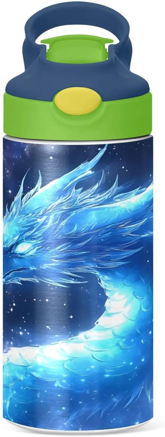 Dragon Blue Galaxy Kids Water Bottle with Straw Lid Insulated Tumbler with Handle Stainless Steel Reusable Toddlers Cup for Kids Boys 12 oz