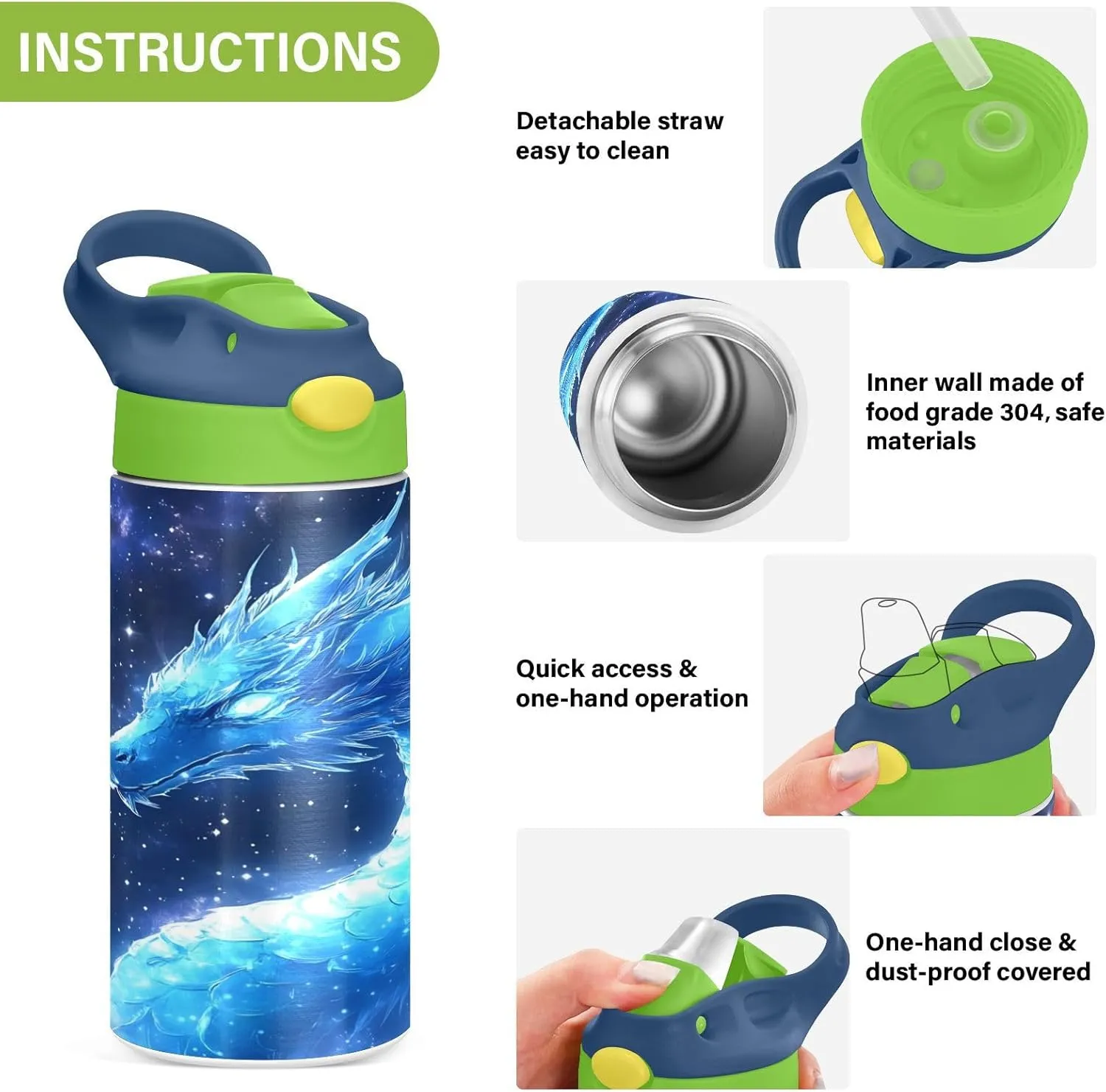 Dragon Blue Galaxy Kids Water Bottle with Straw Lid Insulated Tumbler with Handle Stainless Steel Reusable Toddlers Cup for Kids Boys 12 oz