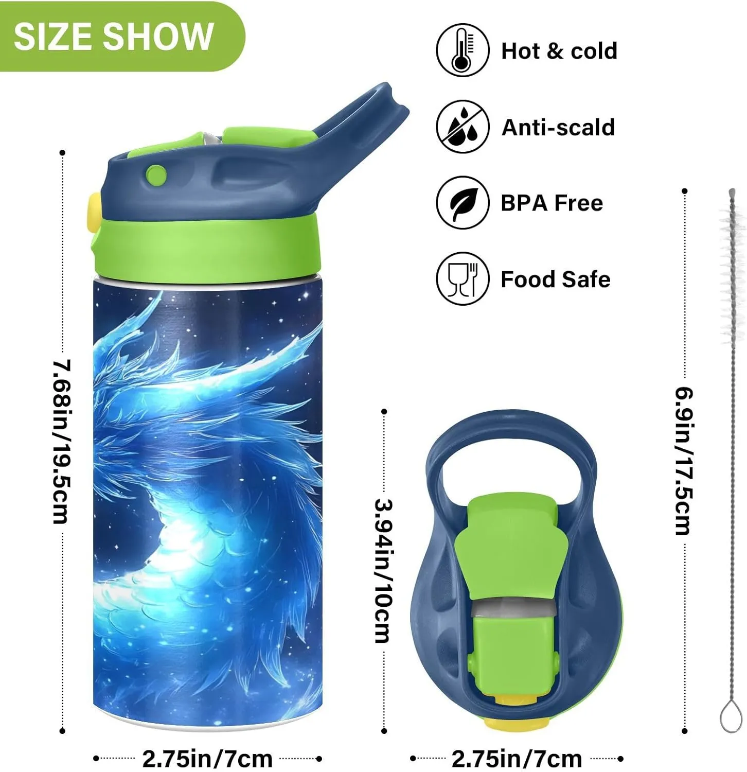 Dragon Blue Galaxy Kids Water Bottle with Straw Lid Insulated Tumbler with Handle Stainless Steel Reusable Toddlers Cup for Kids Boys 12 oz