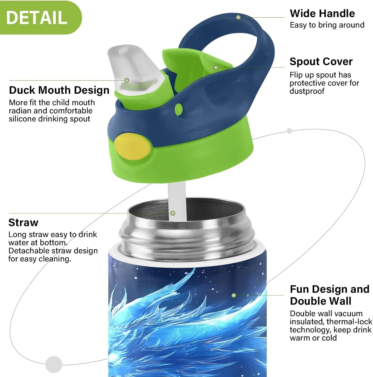 Dragon Blue Galaxy Kids Water Bottle with Straw Lid Insulated Tumbler with Handle Stainless Steel Reusable Toddlers Cup for Kids Boys 12 oz