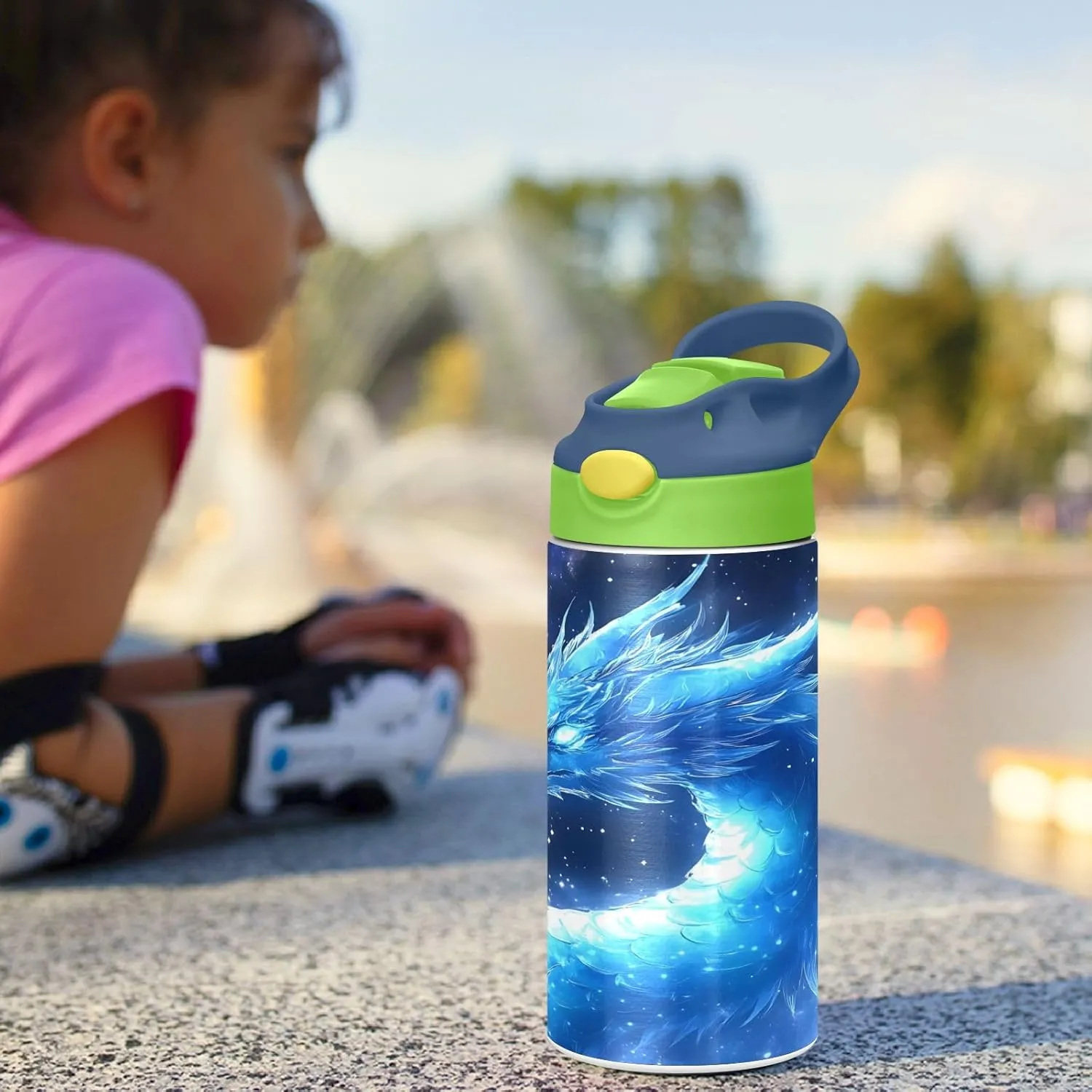 Dragon Blue Galaxy Kids Water Bottle with Straw Lid Insulated Tumbler with Handle Stainless Steel Reusable Toddlers Cup for Kids Boys 12 oz