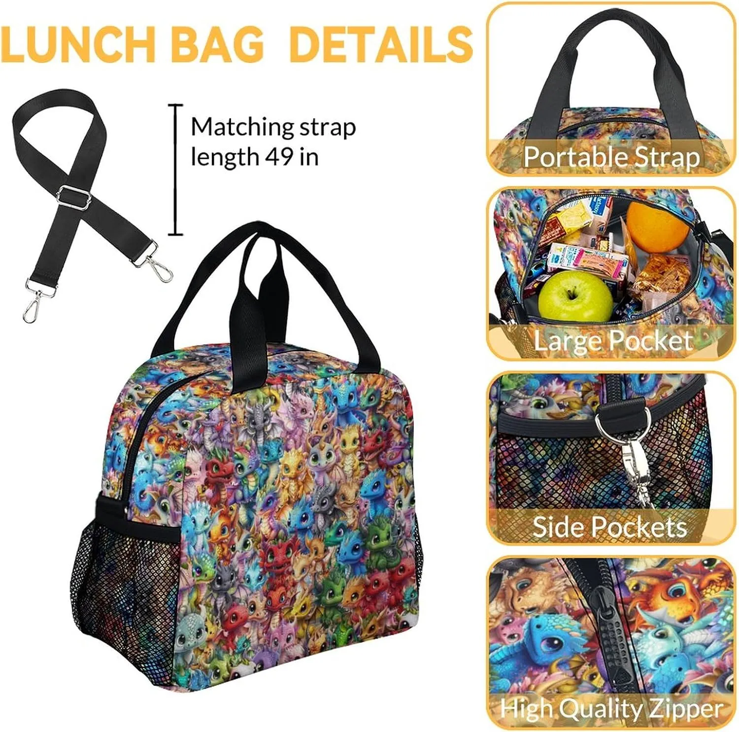 Dragon Kids Backpack with Lunch Box, Set of 3 School Backpacks Matching Combo, Cute Colorful Bookbag and Pencil Case Bundle