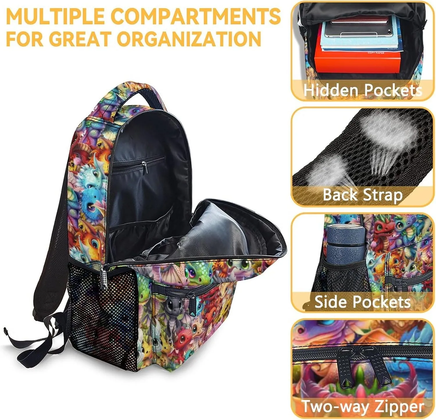 Dragon Kids Backpack with Lunch Box, Set of 3 School Backpacks Matching Combo, Cute Colorful Bookbag and Pencil Case Bundle