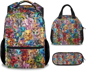 Dragon Kids Backpack with Lunch Box, Set of 3 School Backpacks Matching Combo, Cute Colorful Bookbag and Pencil Case Bundle