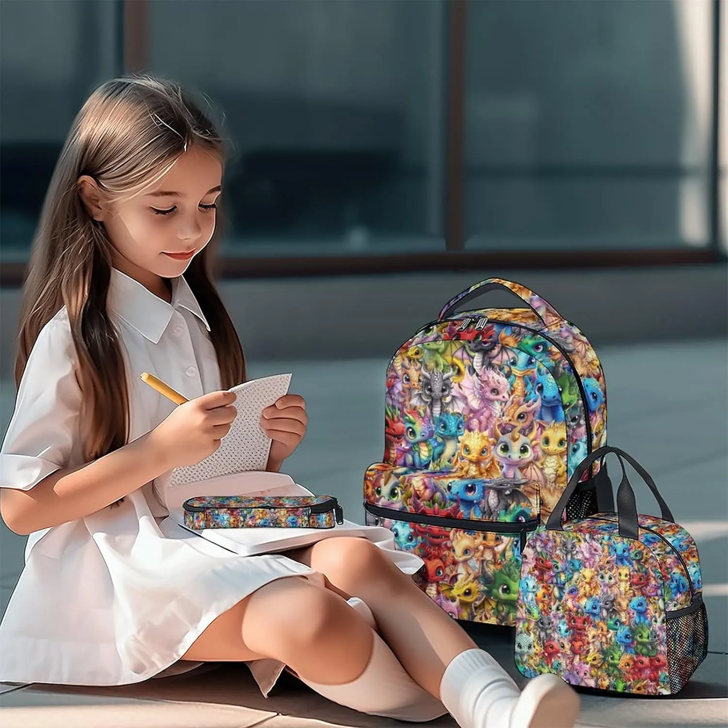 Dragon Kids Backpack with Lunch Box, Set of 3 School Backpacks Matching Combo, Cute Colorful Bookbag and Pencil Case Bundle