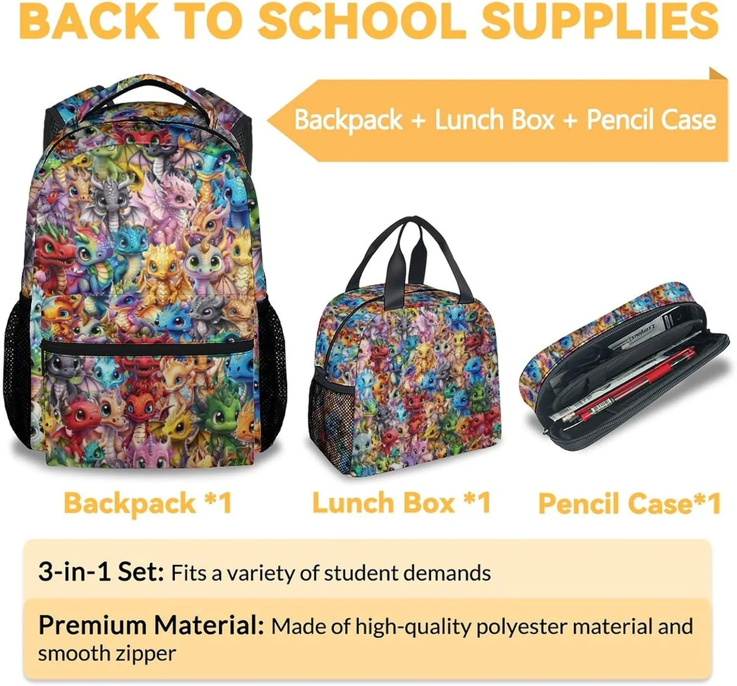 Dragon Kids Backpack with Lunch Box, Set of 3 School Backpacks Matching Combo, Cute Colorful Bookbag and Pencil Case Bundle