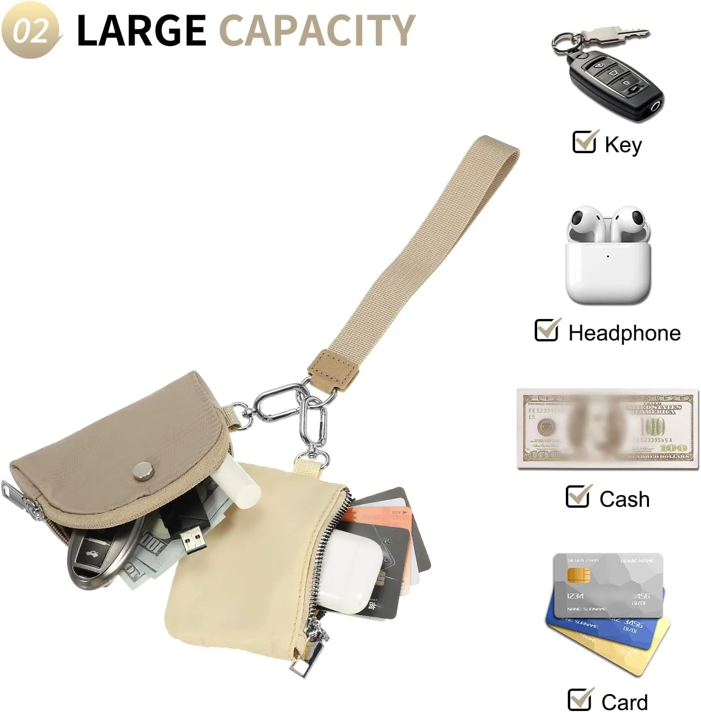 Dual Pouch Wristlet Wallets For Women, Coin Purse Zip Around Wristlet Pouch, Portable Zipper Wristlet Nylon for Daily Travel Walking, Khaki