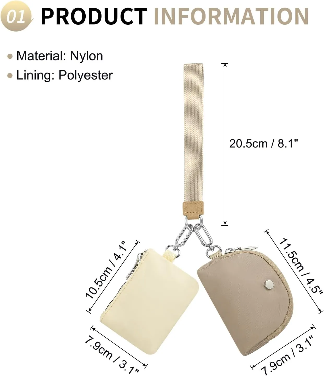 Dual Pouch Wristlet Wallets For Women, Coin Purse Zip Around Wristlet Pouch, Portable Zipper Wristlet Nylon for Daily Travel Walking, Khaki