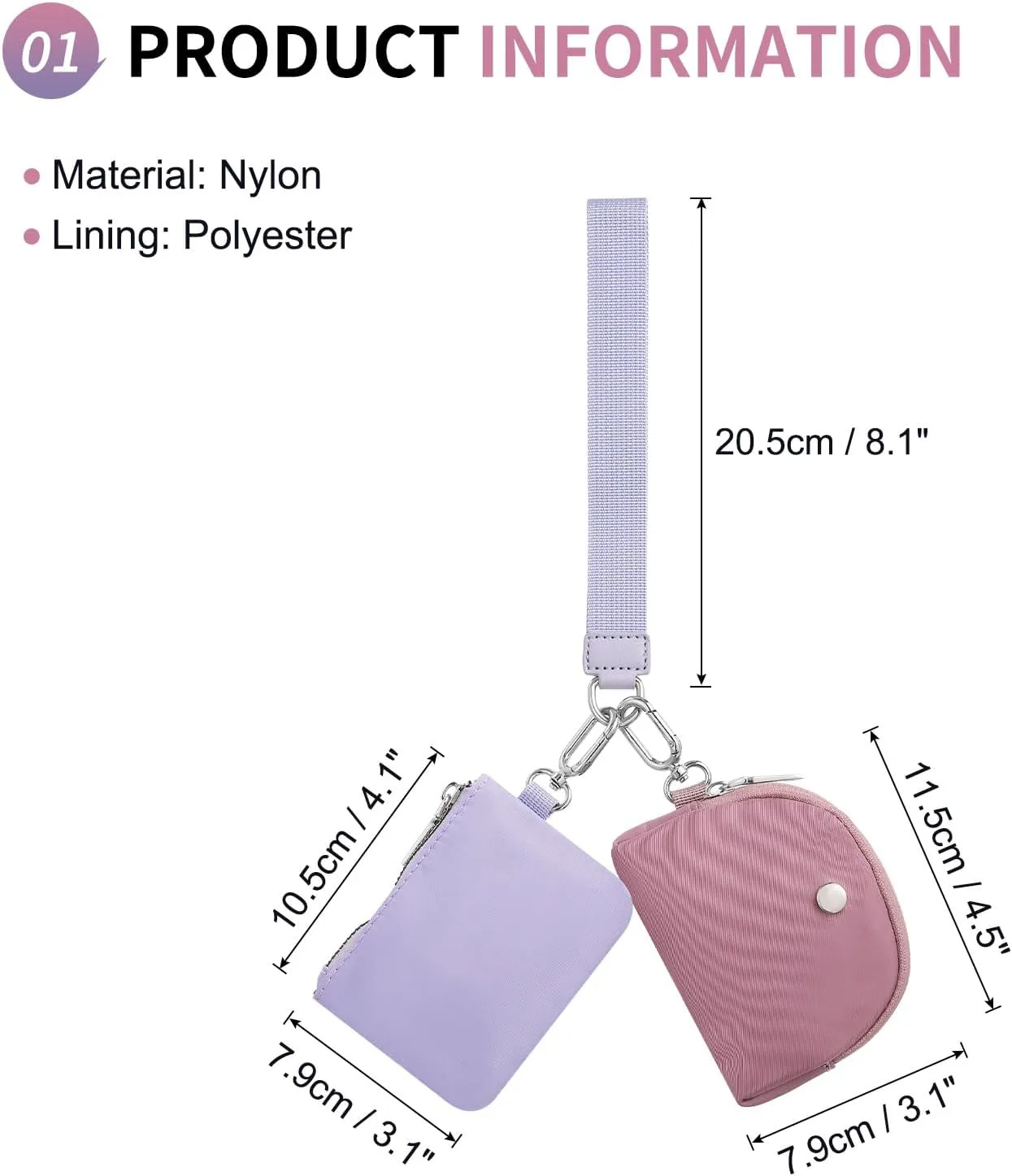 Dual Pouch Wristlet Wallets For Women, Coin Purse Zip Around Wristlet Pouch, Portable Zipper Wristlet Nylon for Daily Travel Walking, Purple
