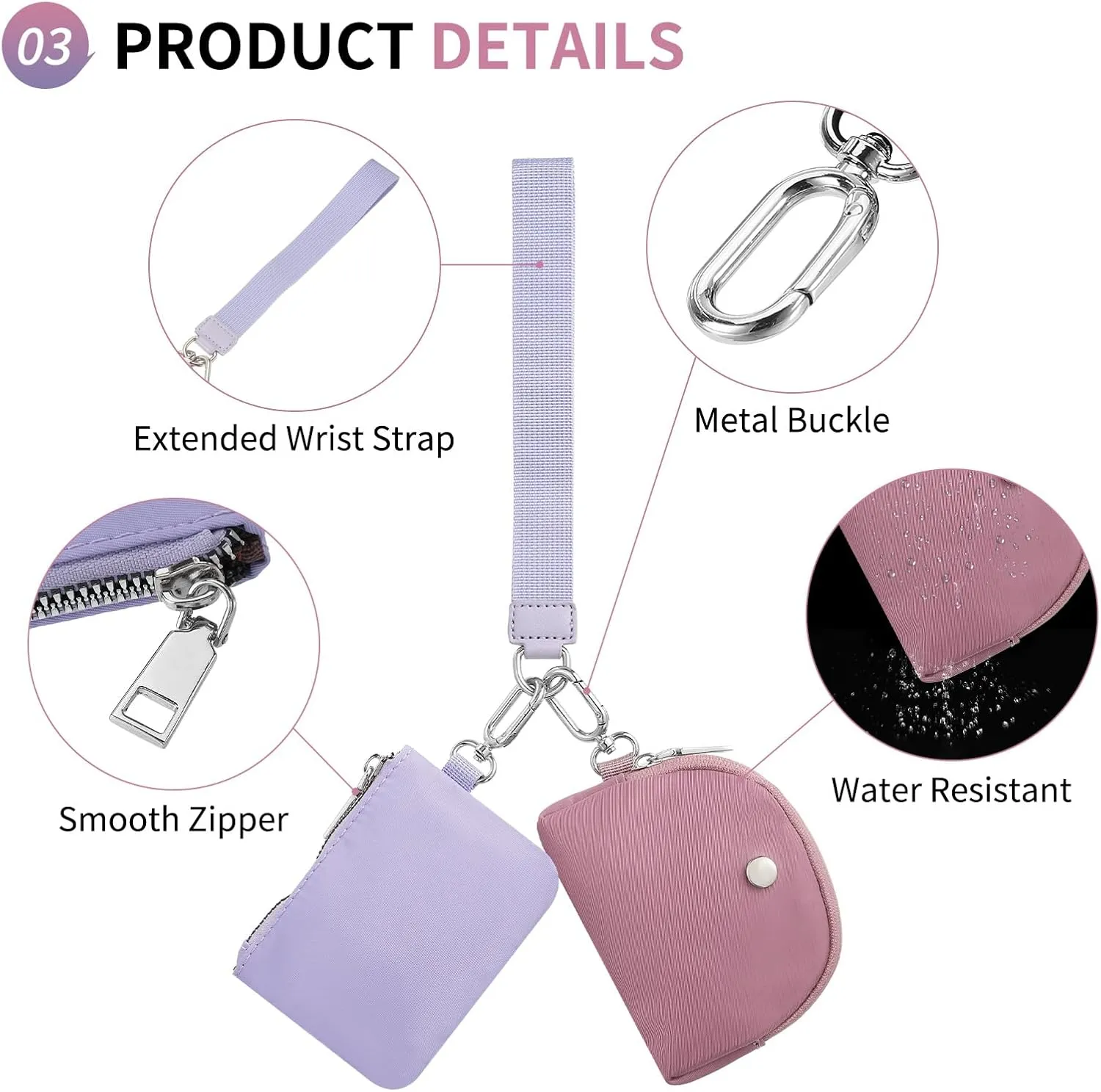 Dual Pouch Wristlet Wallets For Women, Coin Purse Zip Around Wristlet Pouch, Portable Zipper Wristlet Nylon for Daily Travel Walking, Purple
