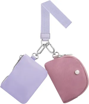 Dual Pouch Wristlet Wallets For Women, Coin Purse Zip Around Wristlet Pouch, Portable Zipper Wristlet Nylon for Daily Travel Walking, Purple