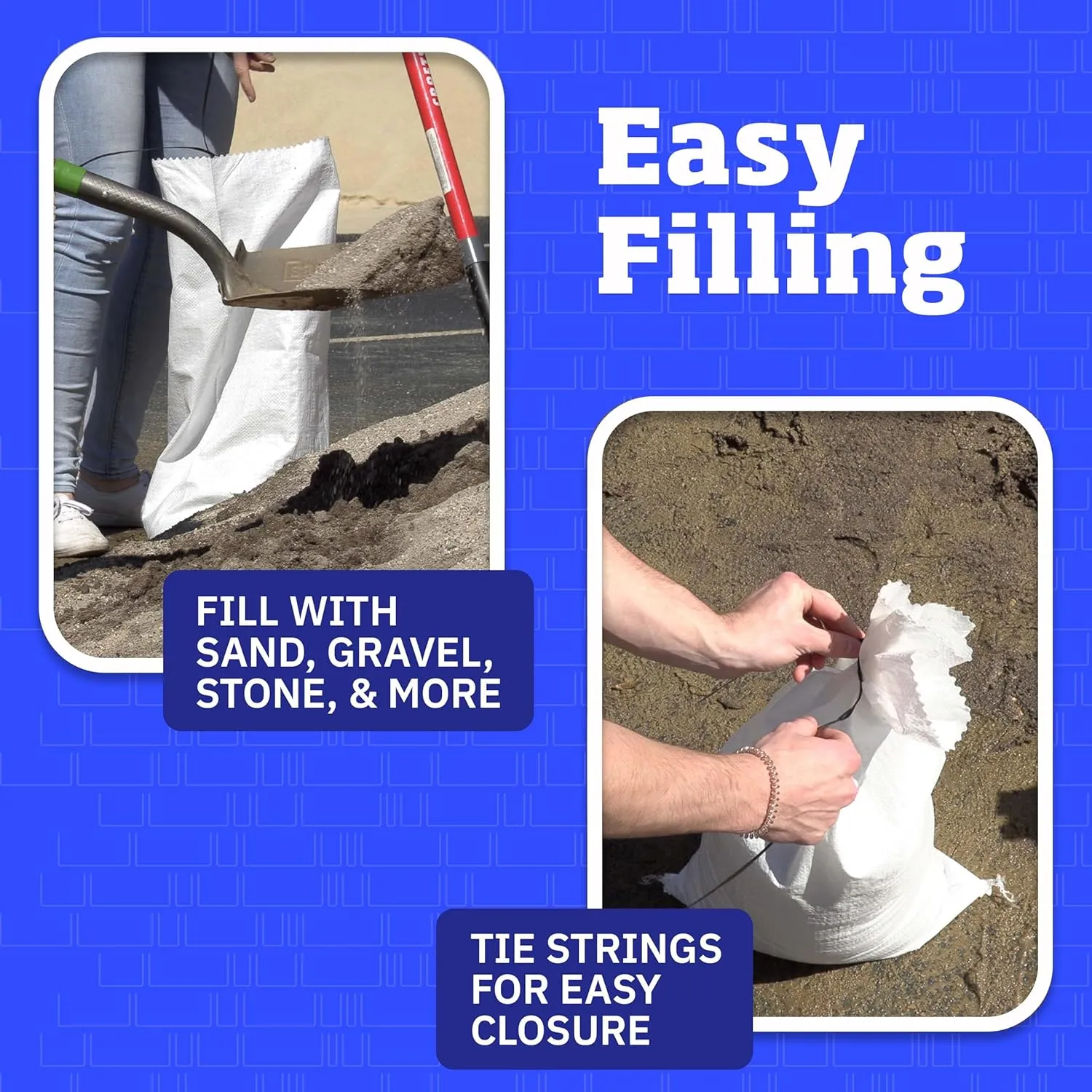 DURASACK Heavy Duty Sand Bags with Tie Strings Empty Woven Polypropylene Sand-Bags for Flood Control with 1600 Hours of UV Protection, 50 lbs Capacity, 14x26 inches, White, Pack of 10