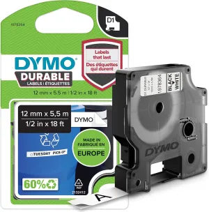 DYMO D1 Durable Labeling Tape for LabelManager Label Makers, Black Print on White Tape, 1/2" W x 18' L, 1 Cartridge