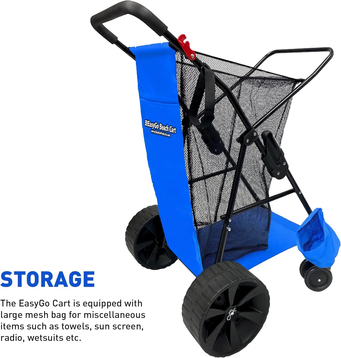EasyGo Beach Cart Heavy Duty Folding Ocean Utility Wagon Large Sand Wheels Holds 4 Folding Chairs Storage Pouch Umbrella Holder - Basic Solid Blue