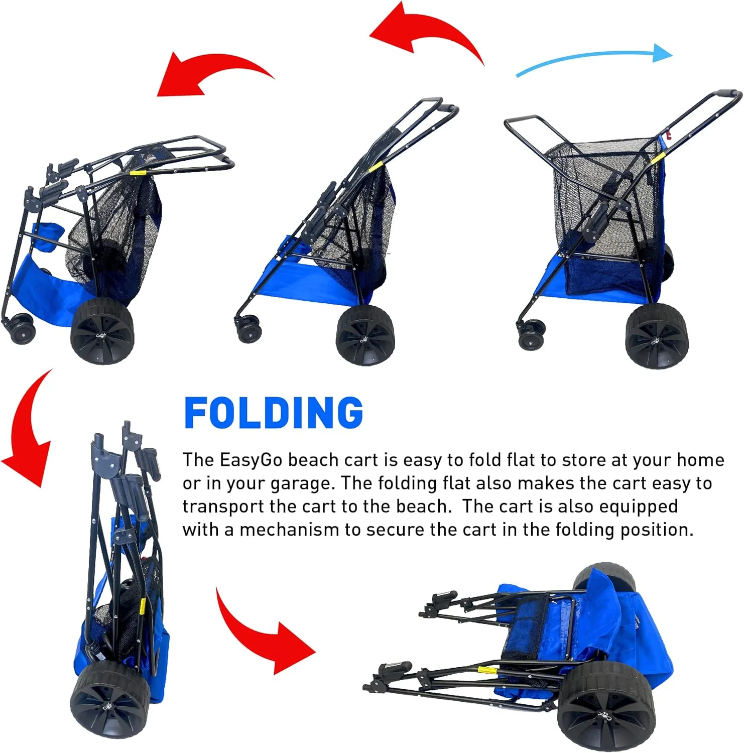 EasyGo Beach Cart Heavy Duty Folding Ocean Utility Wagon Large Sand Wheels Holds 4 Folding Chairs Storage Pouch Umbrella Holder - Basic Solid Blue