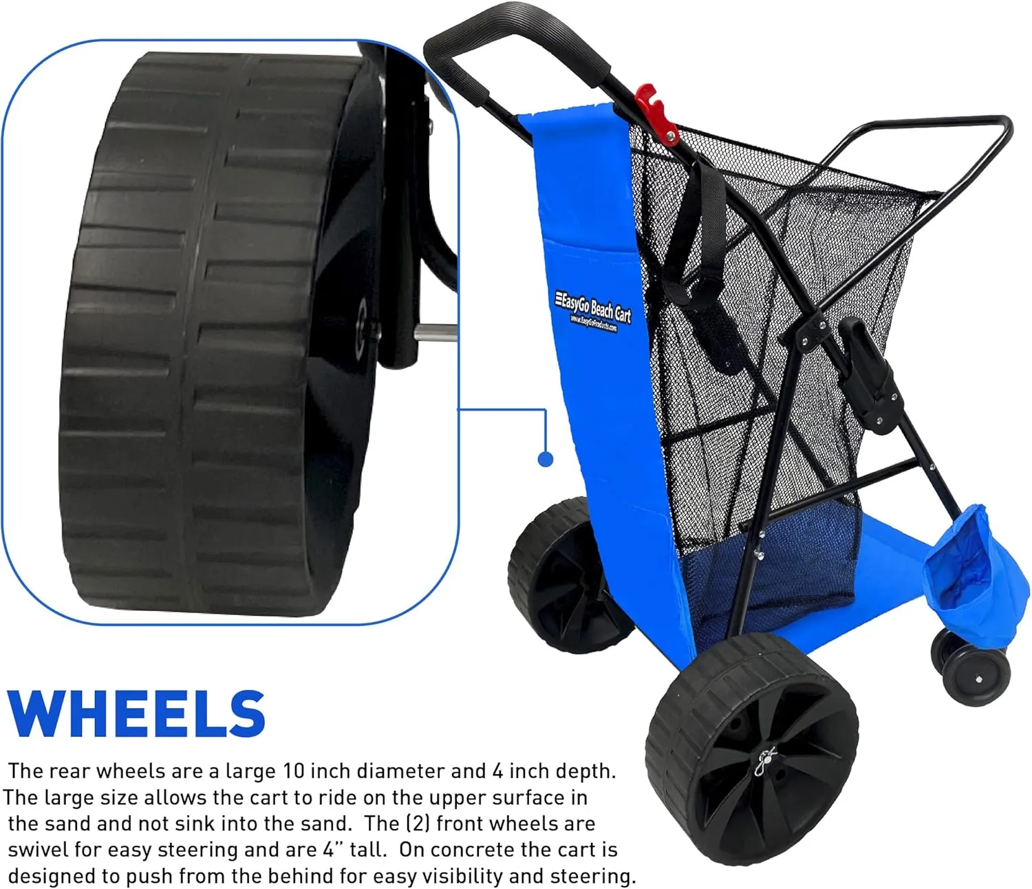 EasyGo Beach Cart Heavy Duty Folding Ocean Utility Wagon Large Sand Wheels Holds 4 Folding Chairs Storage Pouch Umbrella Holder - Basic Solid Blue