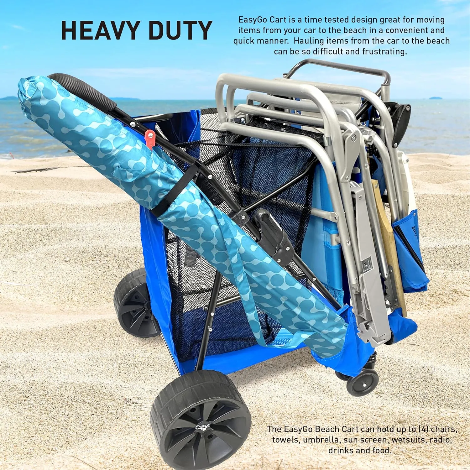 EasyGo Beach Cart Heavy Duty Folding Ocean Utility Wagon Large Sand Wheels Holds 4 Folding Chairs Storage Pouch Umbrella Holder - Basic Solid Blue
