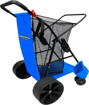 EasyGo Beach Cart Heavy Duty Folding Ocean Utility Wagon Large Sand Wheels Holds 4 Folding Chairs Storage Pouch Umbrella Holder - Basic Solid Blue