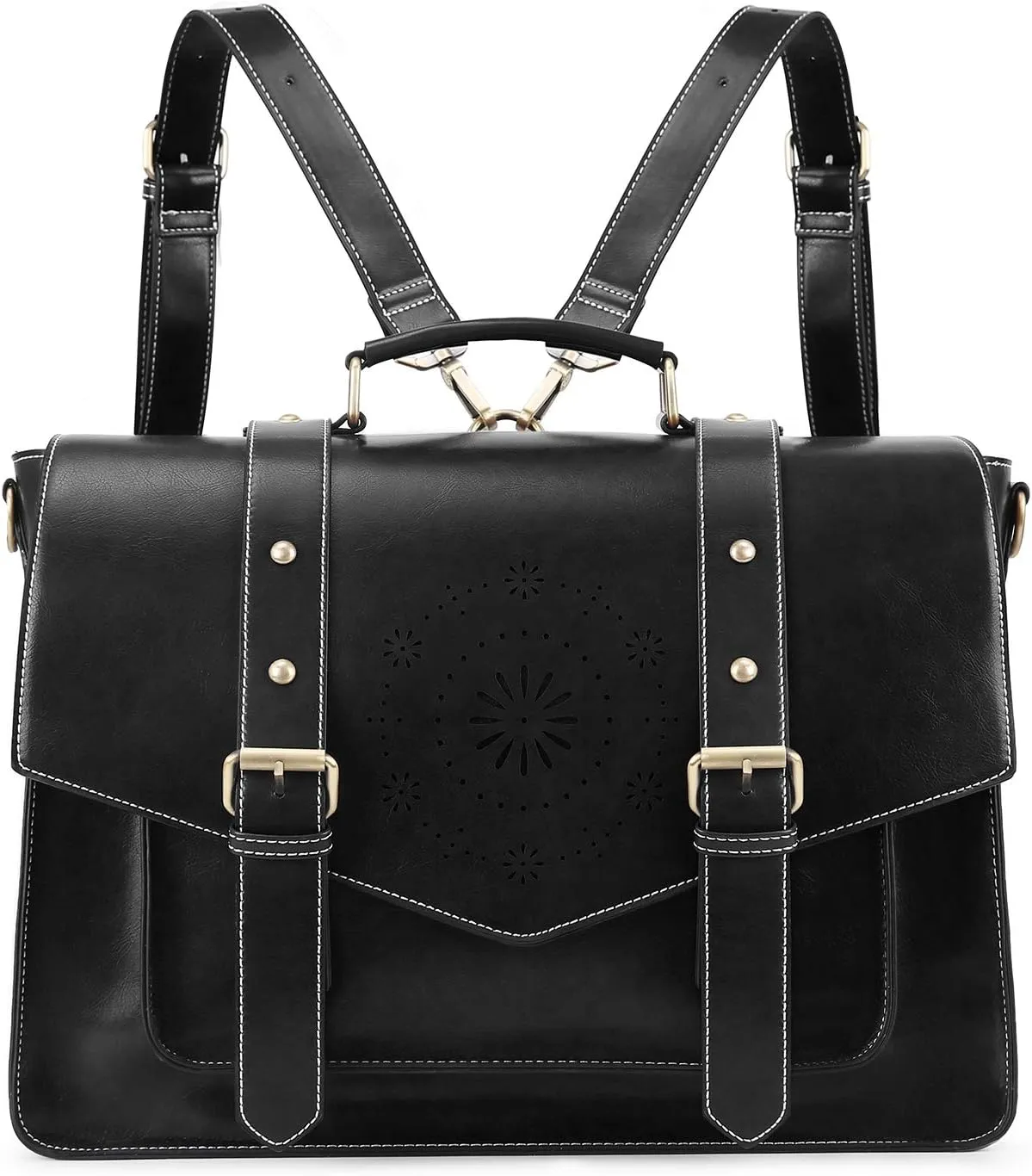 ECOSUSI Backpack for Women Briefcase Messenger Laptop Bag Vegan Leather Satchel Work Bags Fits 15.6 inch Laptops, Black