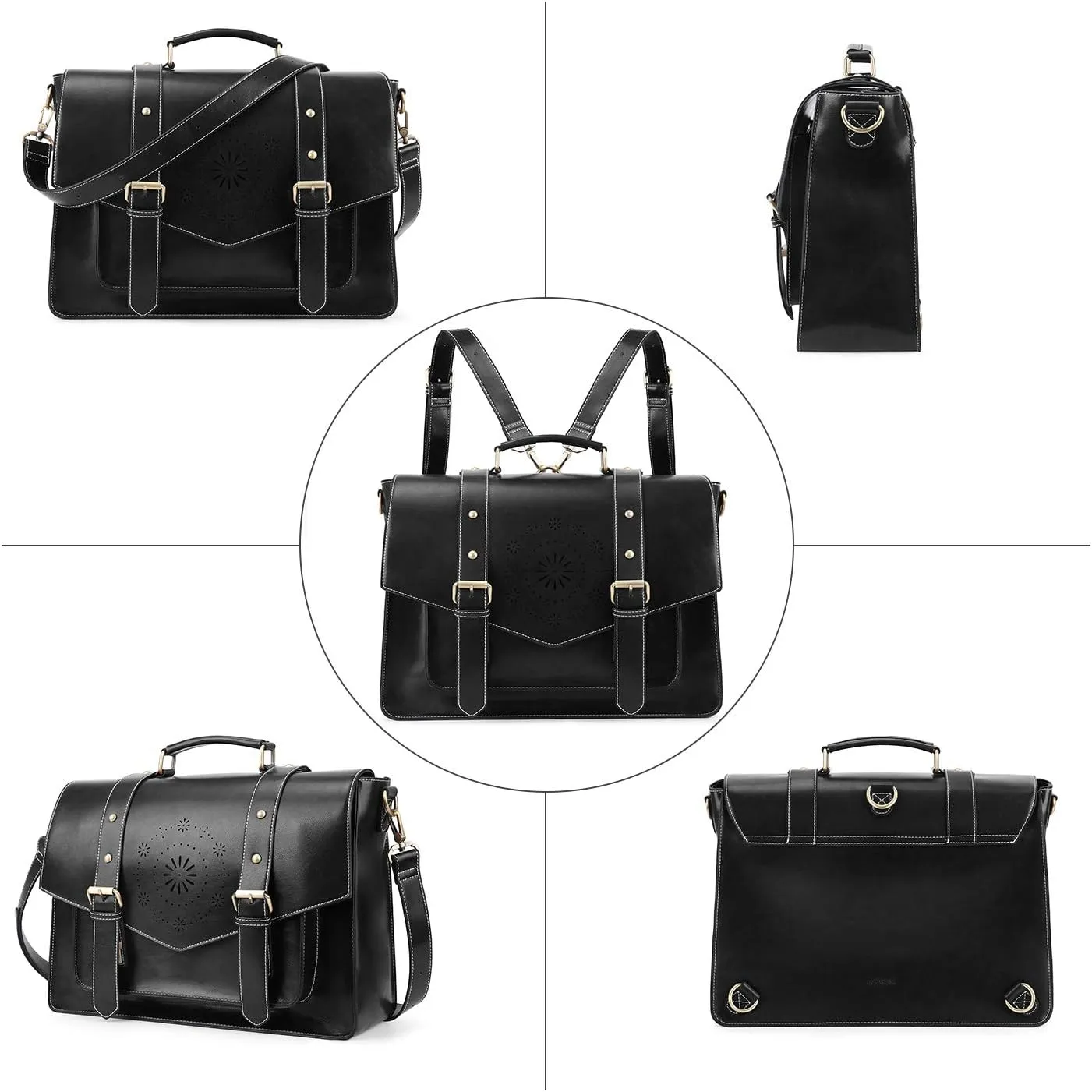 ECOSUSI Backpack for Women Briefcase Messenger Laptop Bag Vegan Leather Satchel Work Bags Fits 15.6 inch Laptops, Black