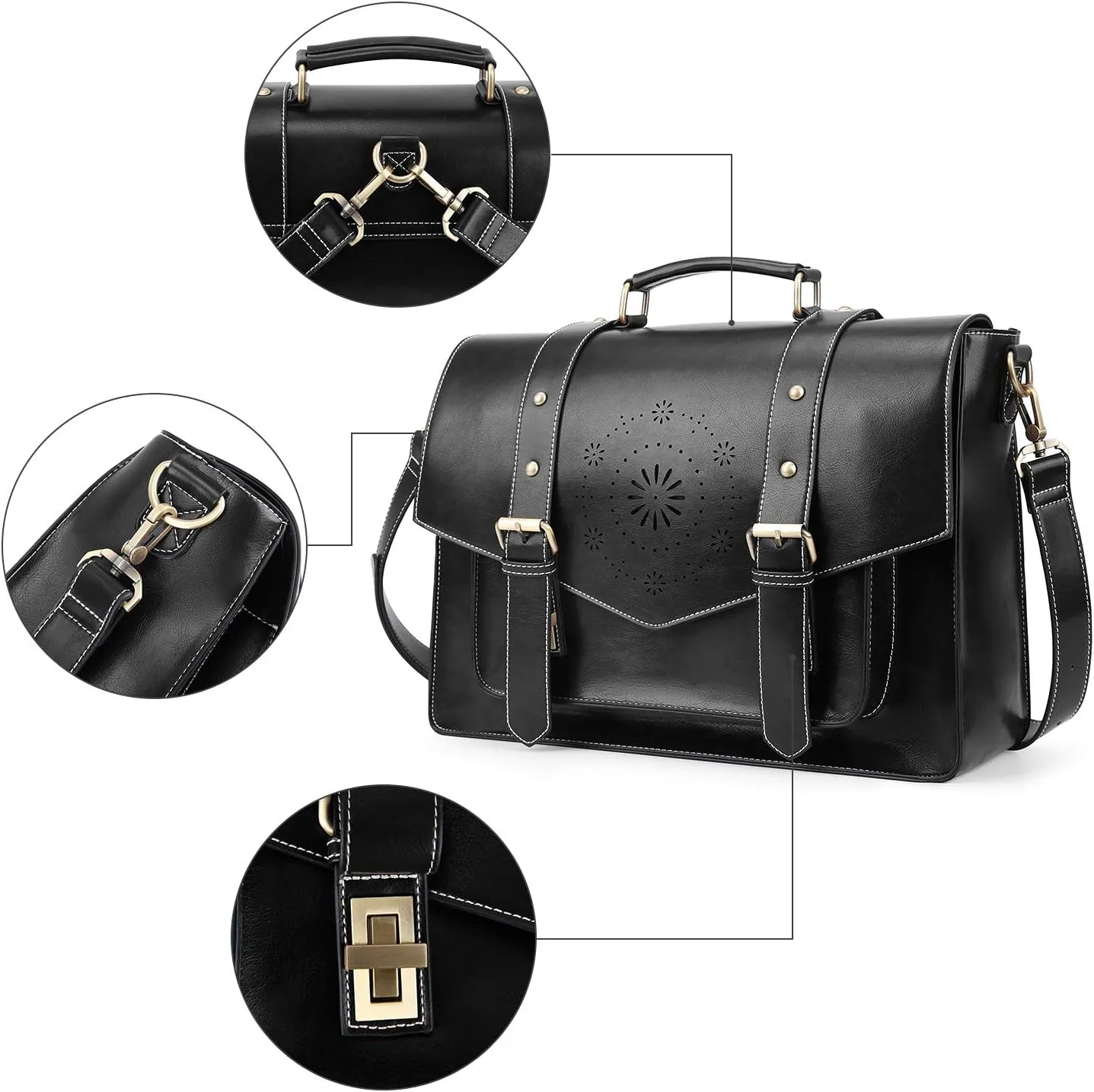 ECOSUSI Backpack for Women Briefcase Messenger Laptop Bag Vegan Leather Satchel Work Bags Fits 15.6 inch Laptops, Black